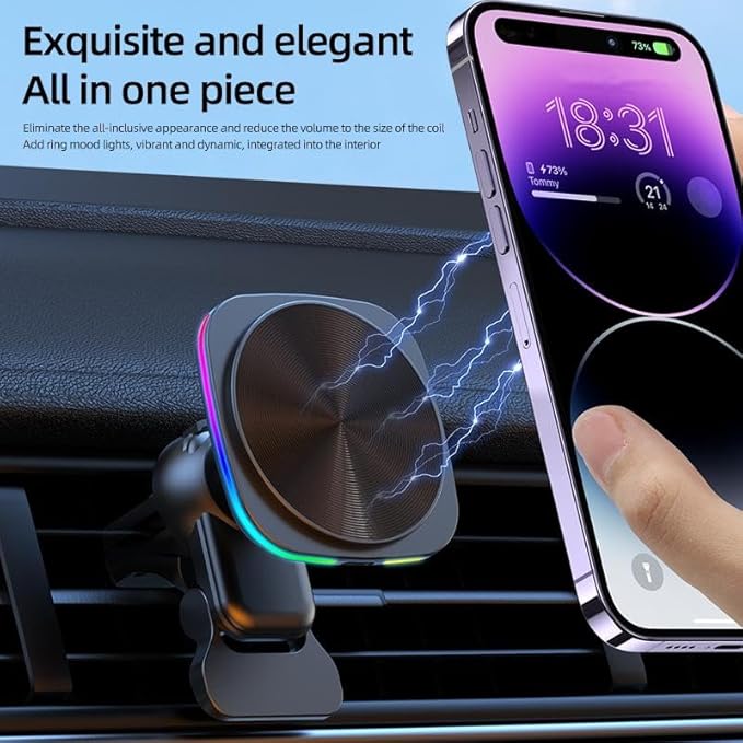 Car Phone Mount – 15W Magnetic Wireless Charger for 12-15 Series, Reliable and Efficient Wireless Charging Phone Holder (Black with RGB Light)