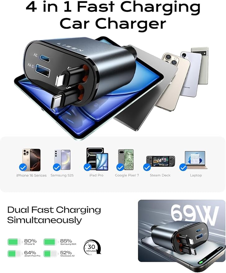 LISEN Retractable Car Charger 4 in 1 for Cars, 69W Retractable USB C Car Charger with 31.5in Cable, Fast Charging for iPhone 17 16 15 14 13 12 Pro Max Plus, Compact Cars Accessories for Daily Driving