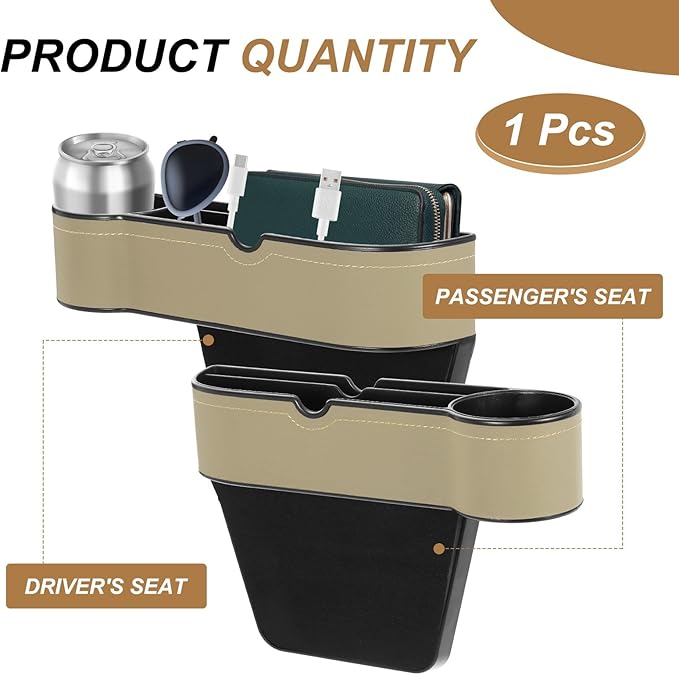 HARFINGTON Car Seat Gap Filler Organizer 10.6 x 7.1 x 2.8 Inch ABS+Leather Universal Car Organizer Storage Box Between Seat and Console (Right) with Cup Holders for Phone Keys, Beige