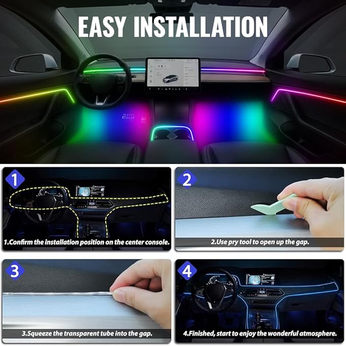 Ambient Lighting Car Led Lights Interior,43.3’’ USB Powered Acrylic Neon Flexible Strip Fiber Optic LED Ambient Lighting Kits with Remote APP, RGB Music Lights Sync for Inside car Dashboard