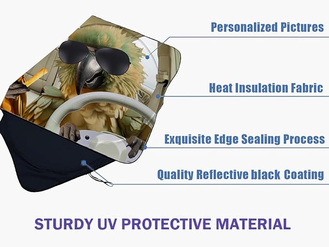Funny Parrot Car Windshield Sun Shade Foldable Sunshade Front Window Cover Sun Visor Protector Accessories (59x27.5 inches)