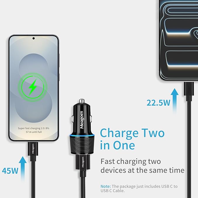 67.5W Car Charger USB C Super Fast Charging, 45W USBC & QC3.0 Port Plug for iPhone 17 Pro Max/Air/16/15/iPad, Samsung S26/S25 Android Cell Phone, Dual 12V Cigarette Lighter Adapter + 8 ft Type C Cable