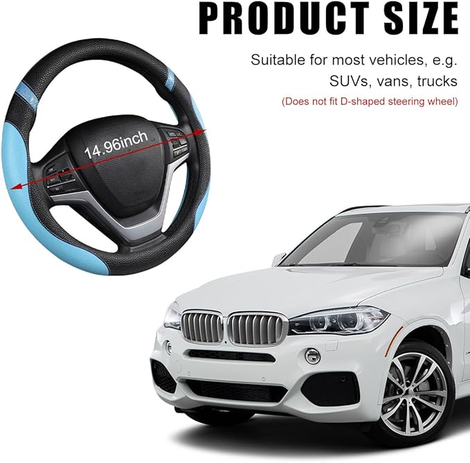 Car Steering Wheel Cover, Non-Slip Leather Auto Steering Wheel Protector, Comfortable Steering Wheel Cover Protector for Most Cars, Universal Interior Car Accessories (Blue)