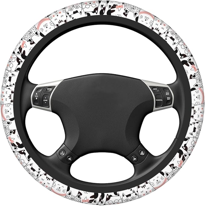 Black and White Cat Steering Wheel Cover Women Men Pink Elastic Stretch Soft Car Wheel Protector Universal Breathable No-Slip Car Accessories for Truck Van SUV Auto Fit 14-15 Inches