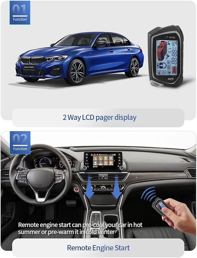 EASYGUARD EC207-M9-SR 2 Way Car Alarm Security Kit with LCD Pager Display Push Start Button Remote Engine Timer Engine Start with Siren DC12V