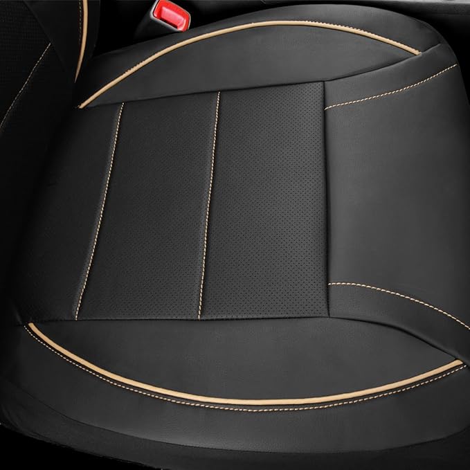 CAR PASS Universal FIT Piping Leather Two Front Seat Covers, Waterproof Faux Leather for SUV Sedan Van Truck, Airbag Compatible,Reserved Opening Holes for Headrest Covers. (Black and Beige)
