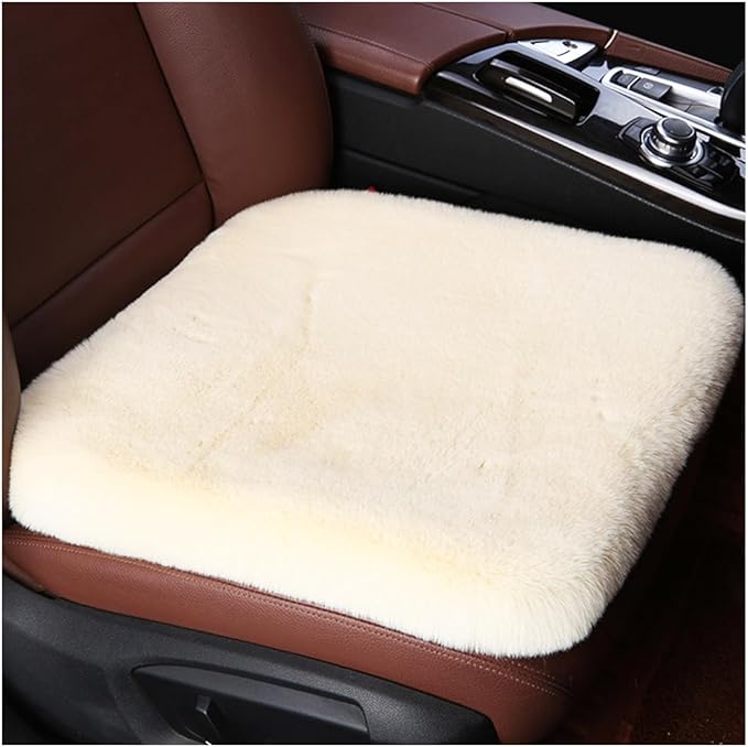 Sheepskin Car Seat Cushion, Comfortable Soft Fur Wool Auto Front Seat Cover, Vehicle Seat Protector Pad for Warm Winter Office Chair, Universal Decor Car Accessories (Beige)