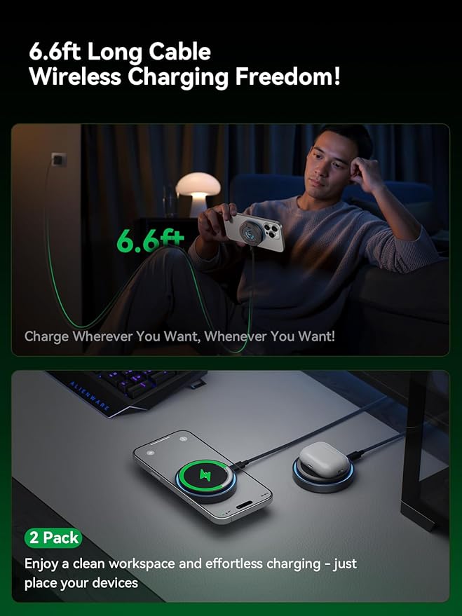 THREEKEY for MagSafe Charger, 2 Pack Qi2 25W Fast Charging Pad with Cooling Fan, Magnetic Wireless Charger with 6.6ft Cable for iPhone 17/16/15 Series (2 Adapters Included)