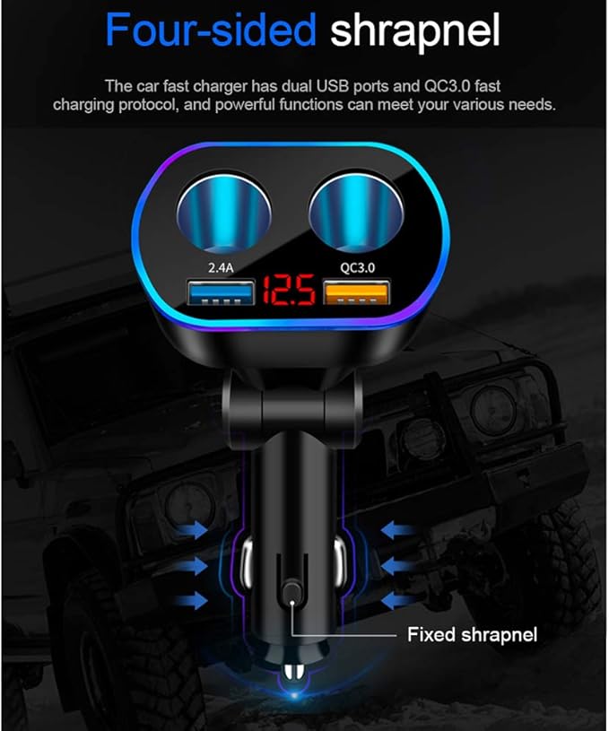 Car Charger Cigarette Lighter Splitter Adapter,120W QC3.0 Dual USB Car Charger with LED Voltmeter 12/24V Sockets Splitter Cigarette Lighter USB Chargers Fast Charging for Phone Tablets GPS Dash Cam