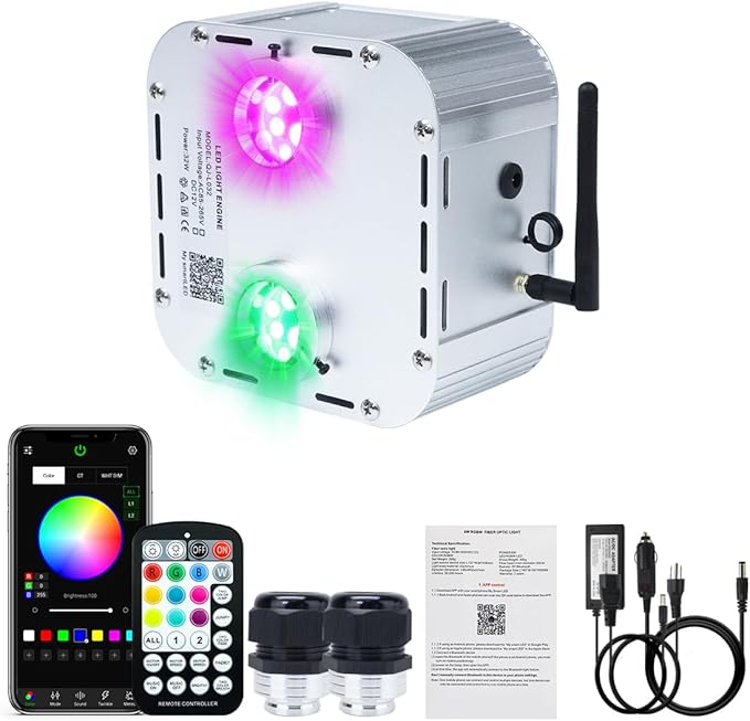 AKEPO 32W Dual-Head Dual Color Twinkle Car Home Fiber Optic Light Engine, Twinkle + Same or Different Color+APP Control + Music Activated+28-Key Remote for Headliner Light Kit