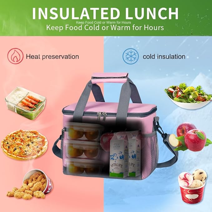 iknoe Insulated Lunch Bag, Foldable 8.5L Cooler Bag for Men & Women, Leakproof Thermal Design, Great for Office, Picnic, Travel, Lunch Box, Pink