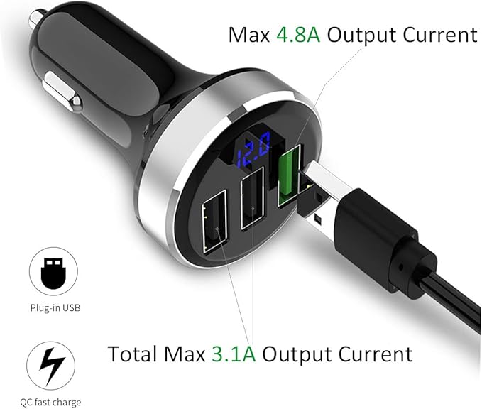 LIHAN 3 USB Car Charger,12V/24V Voltage Meter, QC3.0 Output 4.8A, Cigarette Lighter Plug Adapter Compatible with iPhone,iPad, Samsung, USB Charging Devices, Silver