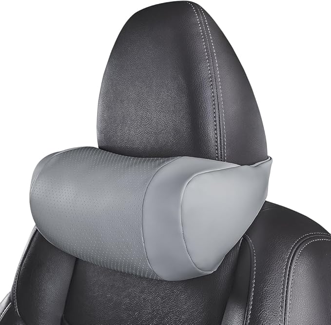 Car Neck Pillow, headrest, Cushion. Three-Point fit to The Neck Curve, Stable Support for The Cervical Spine, relieves Neck Soreness. Perforated PU Leather with high Breathability, Durable 1P（Grey）