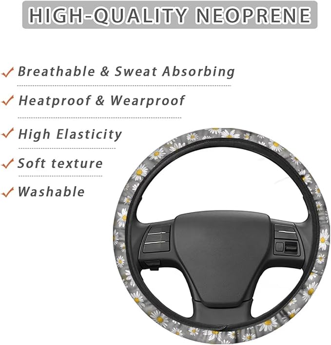 SEANATIVE White Daisy Car Steering Wheel Cover Universal Car Accessory for Diverse Cars Neoprene Dust Cover for Steering Wheel