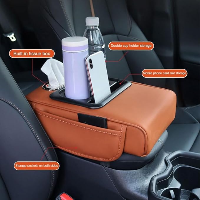 Car Armrest Cushion,5-in-1 Center Console Cover with 2 Storage Bags Cup Holder, Tissue Box Slot, Phone Slot for Car Sedans,Car Interior Accessories for Most Vehicle, SUV, Truck,Cars (Claret)