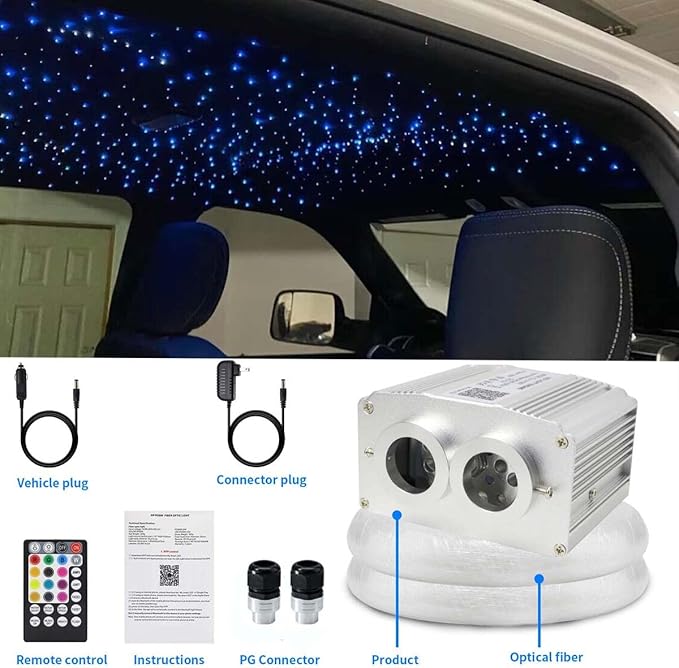 AZIMOM Dual Port 16W Twinkle Bluetooth Fiber Optic Lights Star Ceiling Light Kits Mixed860pcs*13.1ft Fibers Strands Sound Activated RGBW APP/Remote Light Engine for Car Home Starlight Headliner Decor