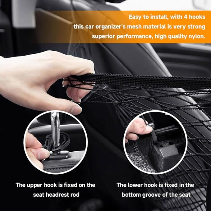 3-Layer Car Mesh Organizer, Seat Back Net Bag, Car Interior Accessories Barrier of Backseat Pet Kids, Cargo Tissue Purse Holder, Driver Storage Netting Pouch Universal for Cars SUVs Trucks