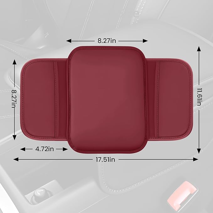 Car Center Console Cover, 11.6"×8.3" Leather Car Armrest Cushion Pad with 2 Storage Pockets, Comfortable Arm Rest Box Cover Mat for Most Vehicles, Universal Interior Accessories (Wine Red)
