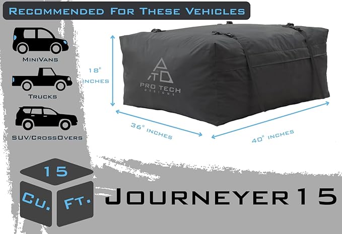 Journeyer 15 Cubic Feet Weatherproof Rooftop Cargo Carrier for Top of Vehicle, Attaches with or Without Roof Rack 40" L x 36" W x 18" H