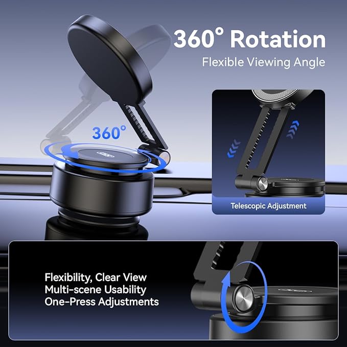 Electric Vacuum Suction Car Phone Holder, 360° Rotation Magnetic Phone Holder for Car Foldable Strong Suction Adjustable Car Phone Mount Stand for iPhone16/15/14/13/12(Not Charge Phone)
