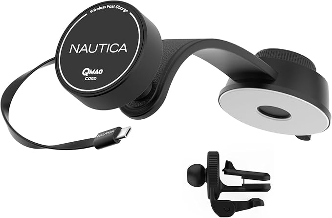Nautica Turan QMAG Cord - Wireless Magnetic Car Charger 15W with Built-in Retractable USB-C Cable, Universal Fast Charging Phone Mount, Dashboard & Vent Mount for iPhone 17, Galaxy S25, Pixel 10