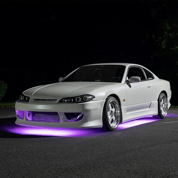 LEDGlow 4pc Purple Flexible Car Slimline LED Underbody Underglow Accent Neon Lighting Kit - 4 Unique Patterns - Water Resistant, Low Profile Tubes - Includes Control Box & Remote
