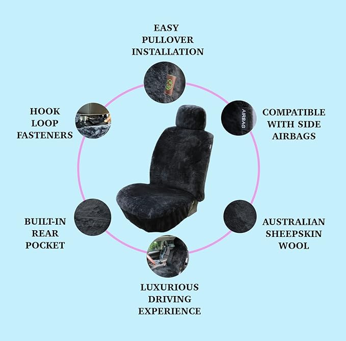 SHEEPSKIN ELITE Premium Sheepskin Car Seat Cover - All Season Comfort and Protection, Easy Installation (56" x 23", Black Color)