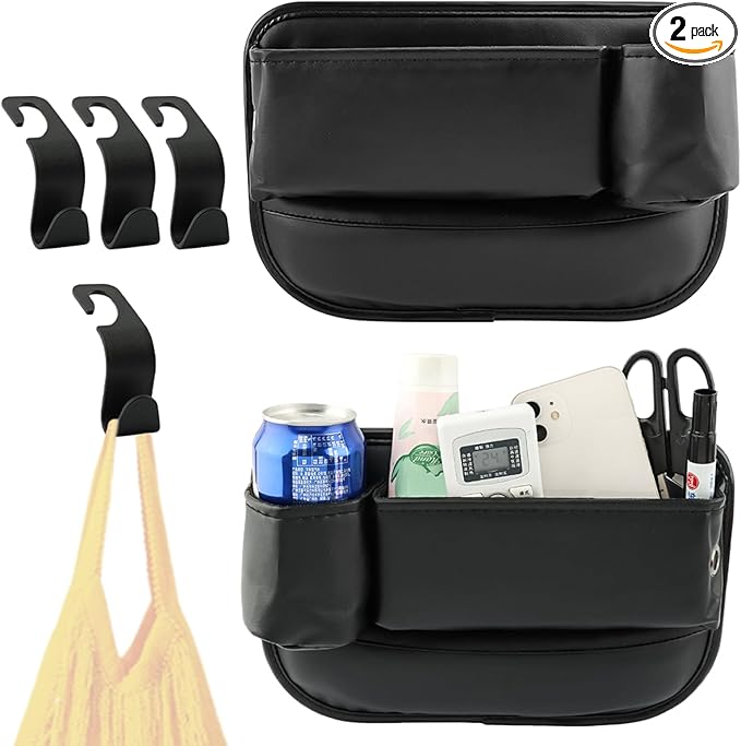 2 Pack Car Seat Gap Filler Organizer, Leather Seat Gap Bag with Cup Holder (3.14 inch) & 4 Hooks, Anti-Slip Flannel Lined Storage Box for Phone, Keys, Wallet, Fit Most Cars