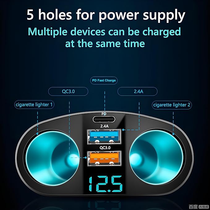 Cigarette Lighter Adapter, USB C Car Phone Charger Adapter with Voltmeter, QC3.0 & PD 24V Cigarette Lighter Splitter, 12V USB Outlet Car USB Charger Fast Charging for Phone Tablets Dashcam