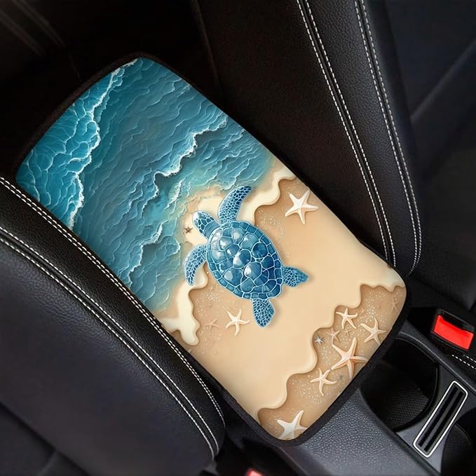 Suobstales Beach Turtle Starfish Print Car Armrest Pad Soft Center Console Arm Rest Protector Cover Universal Car Interior Accessories Decoration