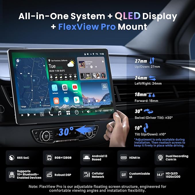 14.1" QLED Single DIN & Double DIN Android Car Stereo, AI Agent & AI Vision, FlexView Pro Display, 7.1.2-Ch Audio, 4V RCA, HDMI in, 4G LTE, 8G+128G, Wireless CP&AA, ADS Protocol, Car IoT Hub,X10G141E