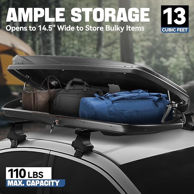 Auto Dynasty Rooftop Cargo Box Hard Shell Carrier Waterproof Storage Case with Locks & Keys Fits Vehicles with Cross Bars, 13 Cubic Feet 110LBS Capacity, 72'' L x 30'' W x 12'' H, Textured Black