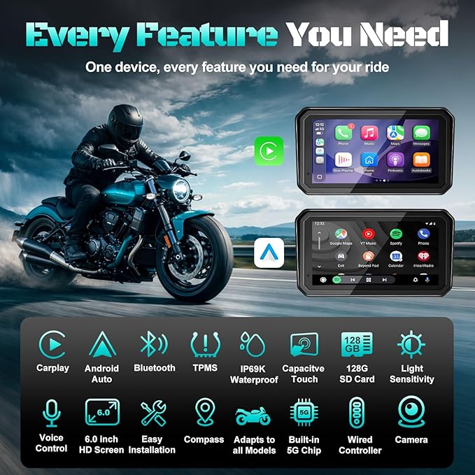2026 LBW 6" Portable Motorcycle CarPlay GPS(Includes 128G SD), with Wireless Android Auto, Dual 2K Dash Cam/Recorder, Navigation, HD Waterproof Touchscreen, Quick-Release Magnetic Bracket, TPMS, BT
