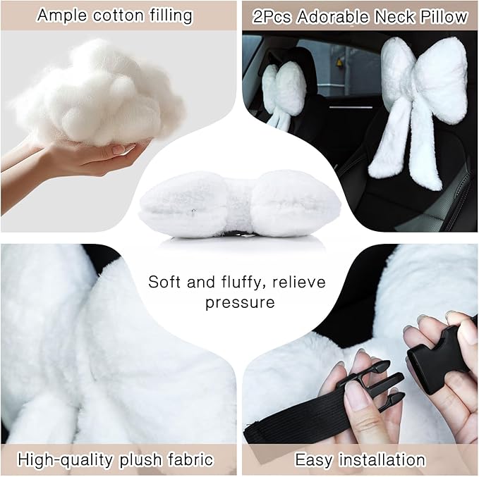Macarrie 2 Pcs Car Neck Pillow Plush Butterfly Bow Car Headrest Pillow Comfortable Seat Neck Support Cute Car Head Rest Accessories for Driving Travel Driver Chair Girl Style Interior Decor(White)