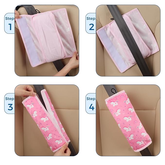 COOLBEBE Seat Belt Pillow for Kids, Extra Soft Toddler Travel Pillow for Car Seat, Universal Carseat Strap Cushion Pads for Childs Baby People Adults, Pink Unicorn