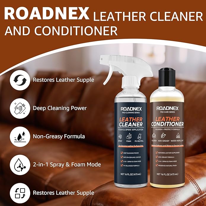 Leather Cleaner and Conditioner Kit | Leather Cleaner for Car Seats,Sofas,Furniture,Shoes,Boots,Bags | pH-Balanced,Restores,Protects | 2 x 16 oz Bottles