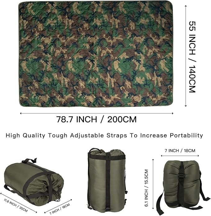 Military Poncho Liner 55”x 79” Camping Blanket Insulation Compact Waterproof for Travel Stadium Outdoor Camping