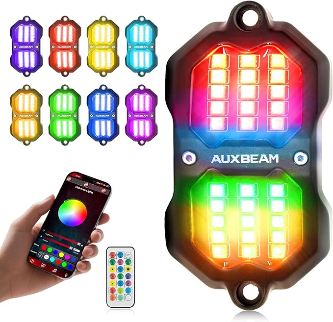 Auxbeam 8 Pods Chasing Color RGB LED Rock Lights, Bluetooth APP&Remote Control, Wheel Well Lights w/Brake Mode, Music&Voice Sync Underglow for Trucks Offroads RVs Boats Waterproof, 1 Year Warranty