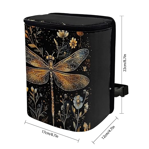 Gold Dragonfly Car Trash Can with Lid, Cute Leakproof Car Trash Garbage Bag Hanging Vehicle Trash Bin Small Portable Automotive Garbage Cans Organizer for Back/Front Seat/Console
