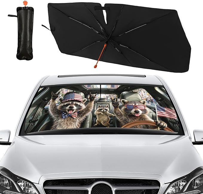 Socira Funny Rocking Raccoon Car Windshield Sun Shade Umbrella Foldable Rock Racoons Sunshade for Front Window Auto Windshield Sunshade Covers Car Accessories Gifts for Men Protect from Sun Rays Heat
