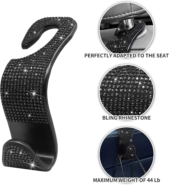 Generic Car Purse Hook Bling Car Headrest Hook for Women Girls, 4 Packs Auto Back Seat Hangers Rear Headrest Hook for Purse, Bag, Handbag, Grocery (Black)
