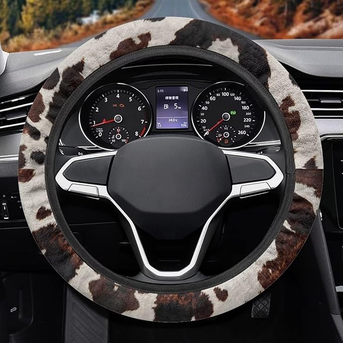 AFPANQZ Steering Wheel Cover for Women, Brown Cow Print Sweat Absorbing Non-Slip Steering Wheel Protection Case Machine Washable Elastic Flexible Universal 14 to 15 inch