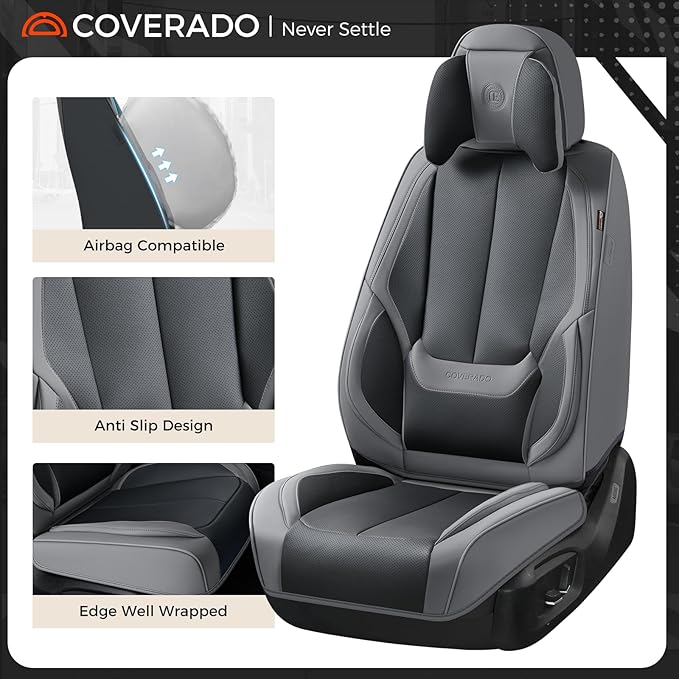 Coverado Seat Covers Full Set, 5 Seats Seat Covers for Cars, Waterproof Nappa Leather Car Seat Covers with Head Pillow, Seat Protectors Car Seat Cushion Universal Fit for Most Cars (Gray&Black)