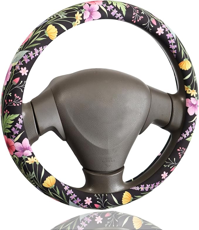 Wildflower Bloom Steering Wheel Cover for 14.5-15 Inch (37-38 cm) Wheels, Premium Fabric with Non-Slip Rubber Inner Ring (Wildflower Bloom)