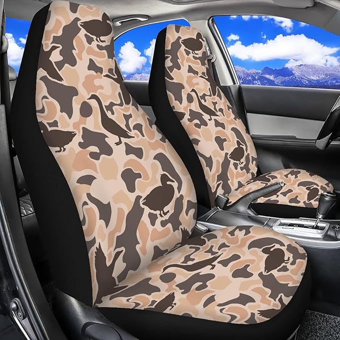 ELEQIN Car Front Seat Covers, Duck Camo Hunting 2 Pack Polyester Automotive Seat ProtectorsSoft & Breathable, Vehicle Interior Accessories for Most Cars