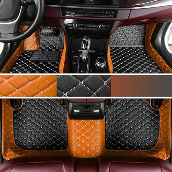 Custom Personalized Floor Mats for Cars - Luxury Full Coverage All Weather Mats, Anti-Slip Leather Mat Set, Fit for 99% of Cars, SUVs & Trucks (Orange, C-Double Color)