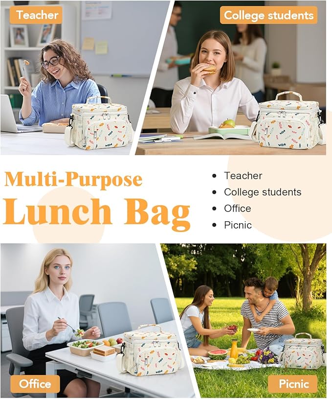 Insulated Lunch Bag for Men & Women, 9L Leakproof Lunch Box Soft Cooler Tote with 5 Pockets, 600D Oxford, EVA Lining, Adjustable Strap for Work, Picnic, Beach&Travel-Corduroy Colorful Candy