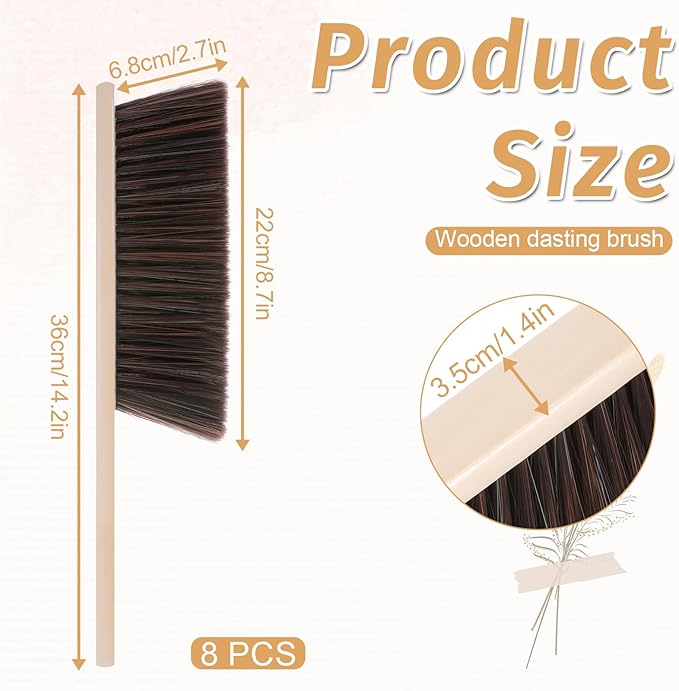 8 Pieces Hand Broom Brush Woooden Dust Brush Bulk Bench Brushes with Long Wood Handle Soft Bristle Whisk Broom Hand Held for Counter Bed Sofa Bench Car Fireplace Clothes Household Cleaning