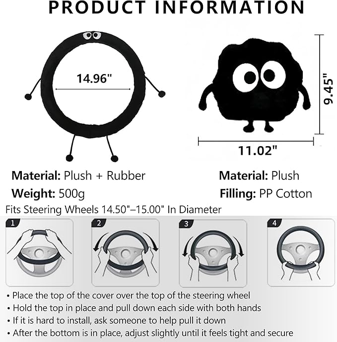 Car Headrest Pillow & Steering Wheel Cover Set with Cute Big-Eyed Furball Travel Neck Support Pillow Fur Car Interior Accessory (Black 3Pcs Set)