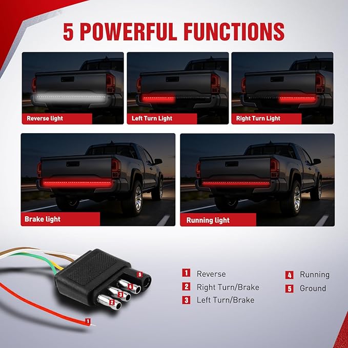 Nilight 60" Truck Tailgate Light Bar 108 LED Single Row Light Strip with Red Running Brake Lights Turn Signal White Reverse Light, 2 Years Warranty